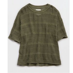 Aerie Olive Crochet Short Sleeve Sweater